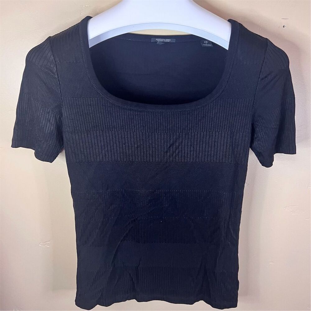 Scotch & Soda Women's Black Scoop Neck Ribbed Short Sleeve T-Shirt Size Small